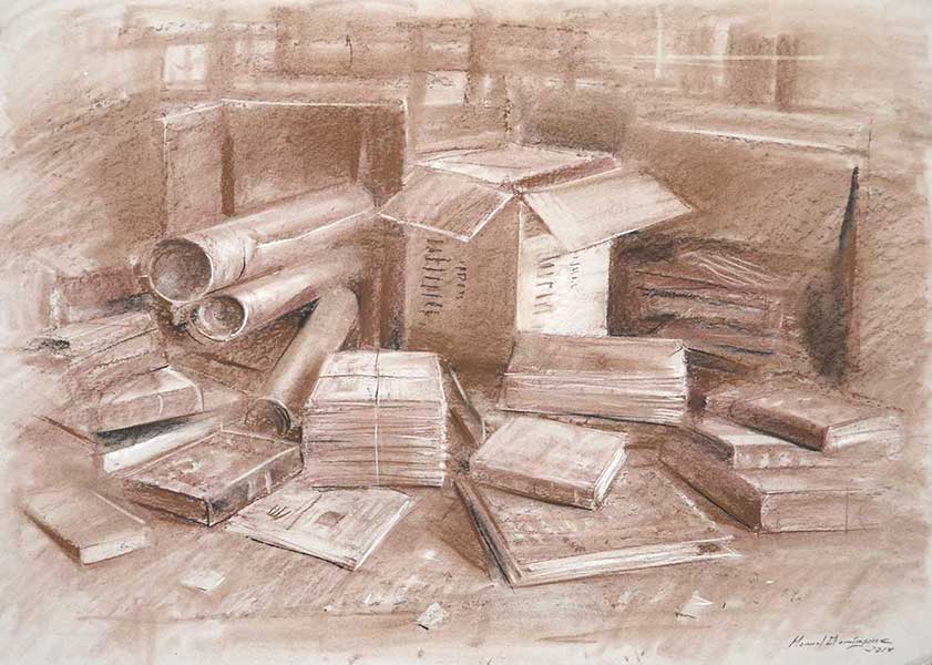 Books- sepia drawing by Manuel Domínguez