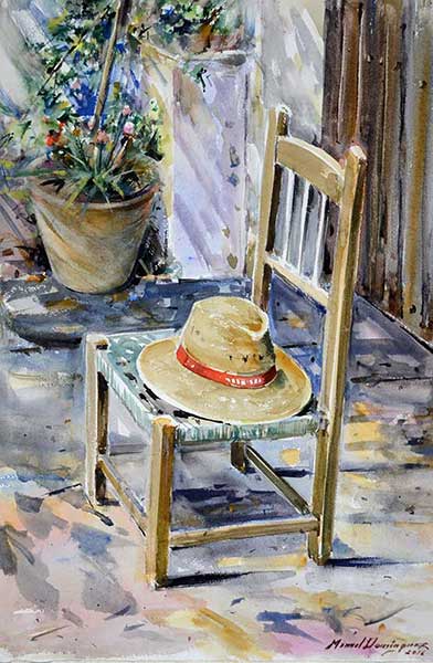 Sombrero en la silla.  Acuarela de Manuel Domínguez