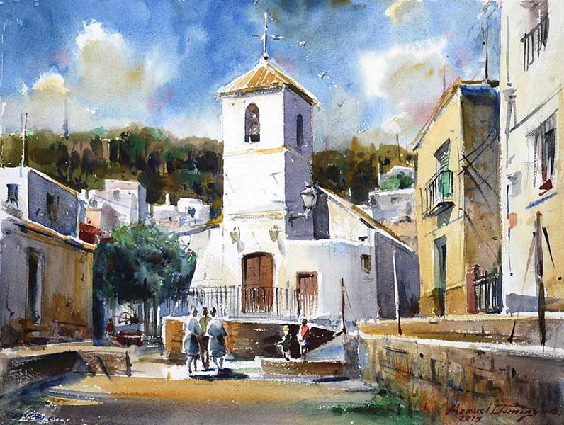 Iglesia  de Castro de Filabres.  Acuarela de Manuel Domínguez