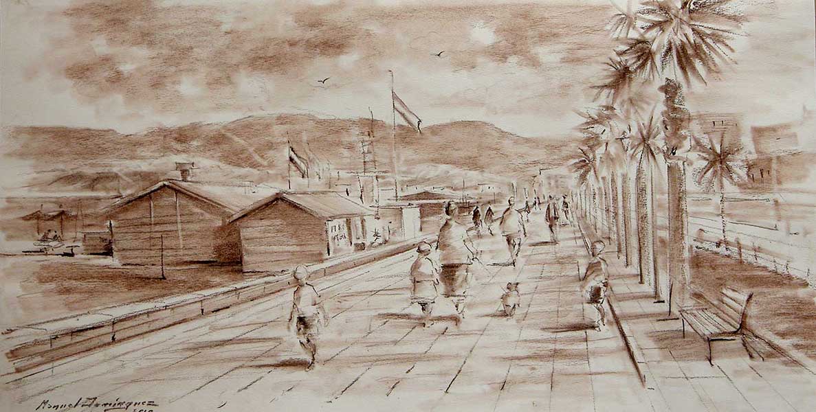 Paseo marítimo de Almería.  Dibujo de Manuel Domínguez