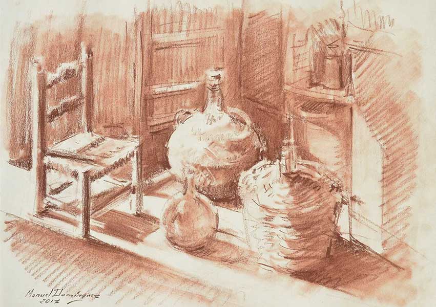 Garrafas de vino y silla de anea en la bodega. dibujo de Manuel Domínguez