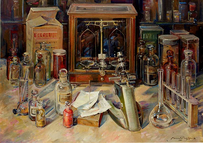 Laboratorio de farmacia 65x54 cm, pintura al óleo de Manuel Domínguez