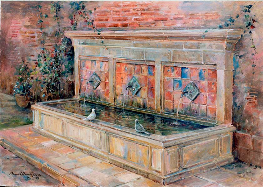 Fuente de la Alcazaba. 41 x 27 cm, pintura al óleo de Manuel Domínguez