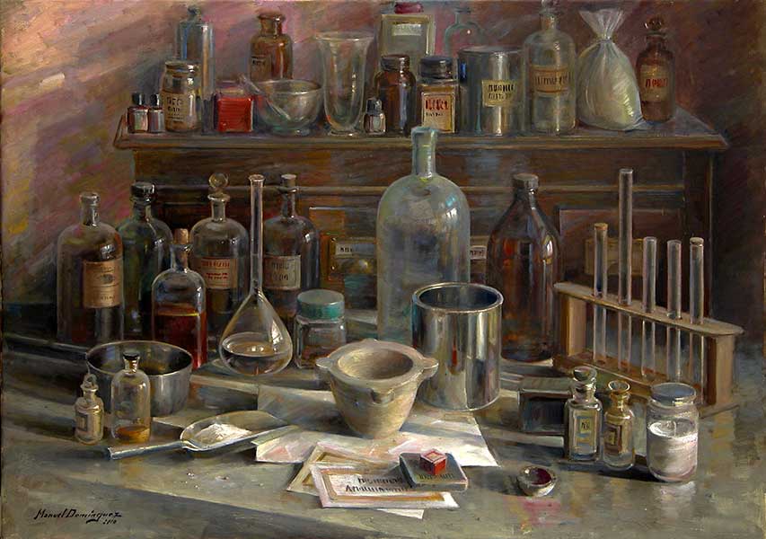 El laboratorio. 73 x 54 cm.pintura al óleo de Manuel Domínguez