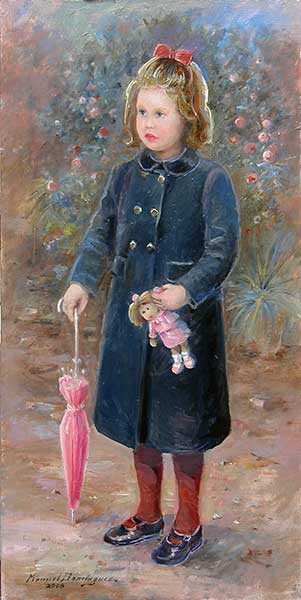 La niña del paraguas. 62 x 31 cm., pintura al óleo de Manuel Domínguez